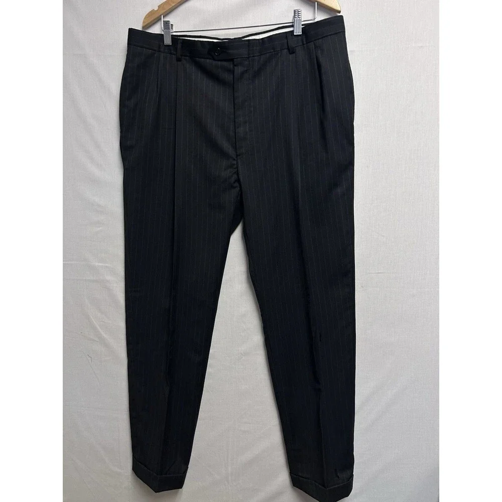 Austin Reed Black Pinstripe Suit Bespoke Mens 48 L Pants 38/32 Pleated Cuffed